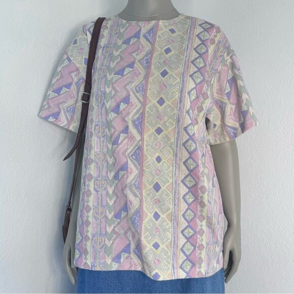 Vintage Pastel Geometric Grandmacore Short Sleeve Shirt Made in USA Retro 22 - Picture 2 of 8